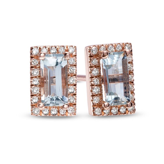 Sideways Baguette Aquamarine and 1/8 CT. T.w. Diamond Frame Stud Earrings in 10K Rose Gold