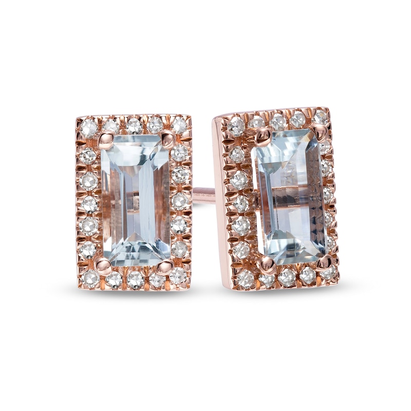 Sideways Baguette Aquamarine and 1/8 CT. T.W. Diamond Frame Stud Earrings in 10K Rose Gold