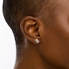 Thumbnail Image 2 of Sideways Baguette Aquamarine and 1/8 CT. T.W. Diamond Frame Stud Earrings in 10K Rose Gold