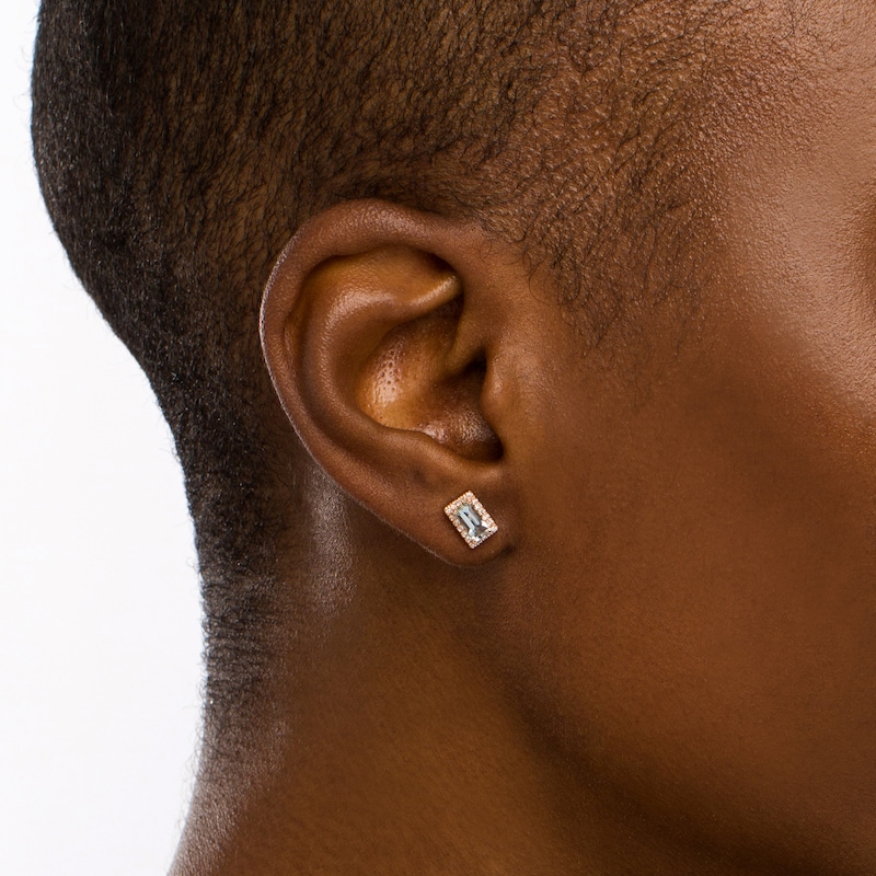 Main Image 2 of Sideways Baguette Aquamarine and 1/8 CT. T.W. Diamond Frame Stud Earrings in 10K Rose Gold