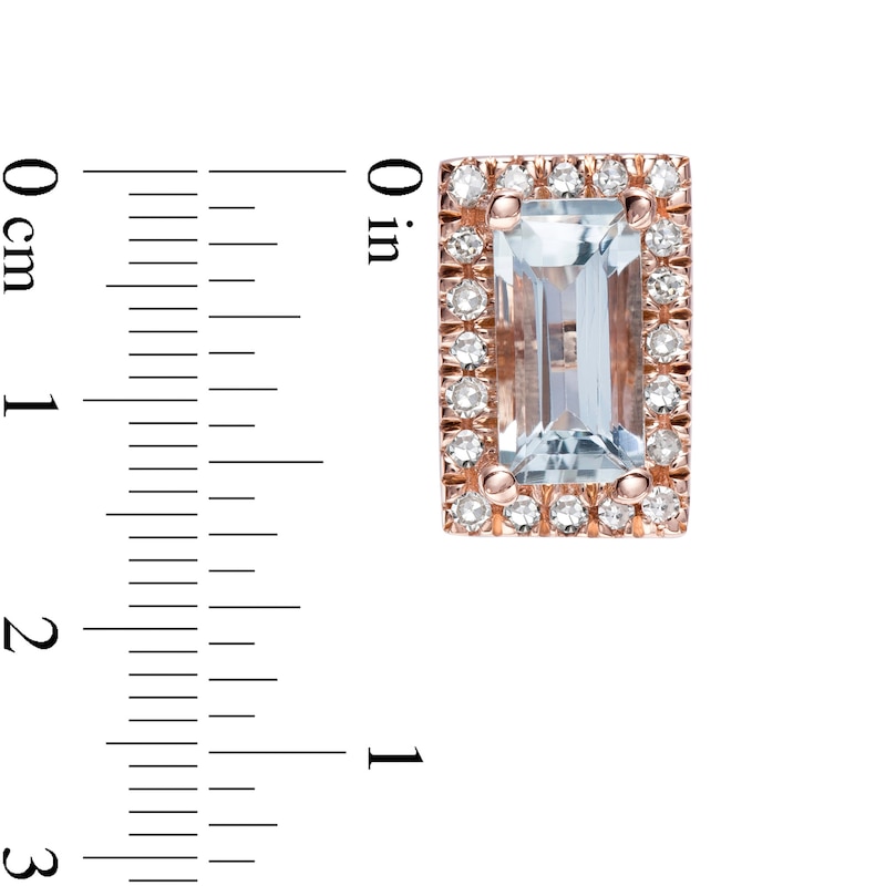 Main Image 3 of Sideways Baguette Aquamarine and 1/8 CT. T.W. Diamond Frame Stud Earrings in 10K Rose Gold