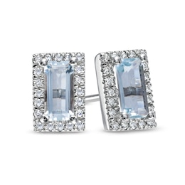 Sideways Baguette Aquamarine and 1/8 CT. T.W. Diamond Frame Stud Earrings in 10K White Gold