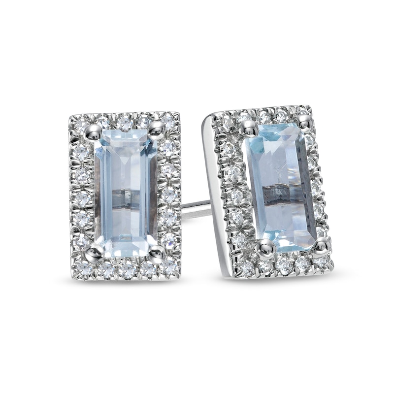 Main Image 1 of Sideways Baguette Aquamarine and 1/8 CT. T.W. Diamond Frame Stud Earrings in 10K White Gold