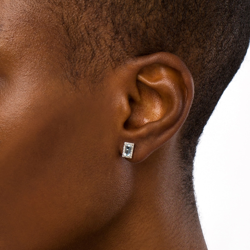Main Image 2 of Sideways Baguette Aquamarine and 1/8 CT. T.W. Diamond Frame Stud Earrings in 10K White Gold
