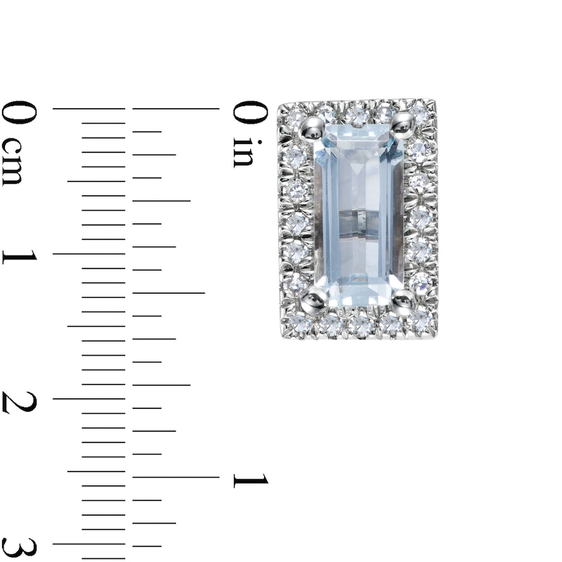 Main Image 3 of Sideways Baguette Aquamarine and 1/8 CT. T.W. Diamond Frame Stud Earrings in 10K White Gold