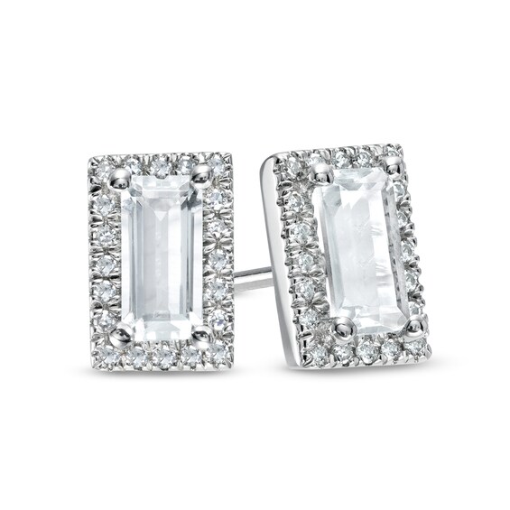 Sideways Baguette White Lab-Created Sapphire and 1/8 CT. T.w. Diamond Frame Stud Earrings in 10K White Gold