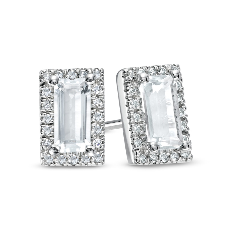 Main Image 1 of Sideways Baguette White Lab-Created Sapphire and 1/8 CT. T.W. Diamond Frame Stud Earrings in 10K White Gold