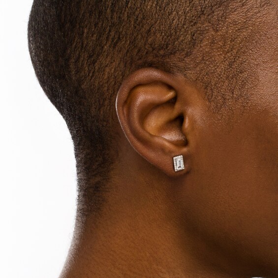 Sideways Baguette White Lab-Created Sapphire and 1/8 CT. T.w. Diamond Frame Stud Earrings in 10K White Gold