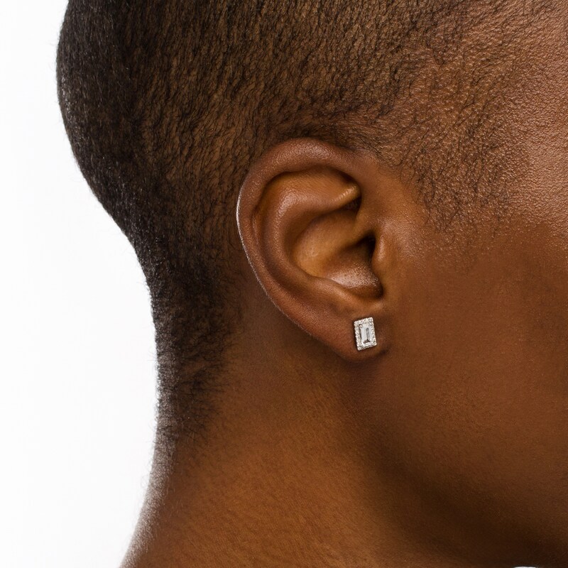 Main Image 2 of Sideways Baguette White Lab-Created Sapphire and 1/8 CT. T.W. Diamond Frame Stud Earrings in 10K White Gold