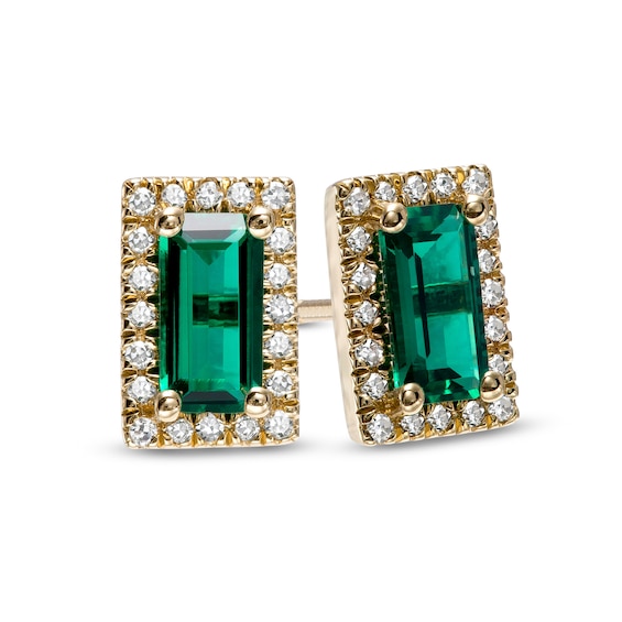 Sideways Baguette Lab-Created Emerald and 1/8 CT. T.w. Diamond Frame Stud Earrings in 10K Gold