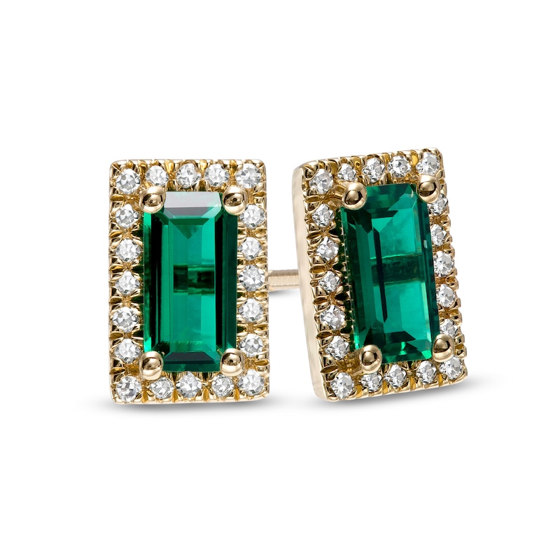 Sideways Baguette Lab-Created Emerald and 1/8 CT. T.W. Diamond Frame Stud Earrings in 10K Gold