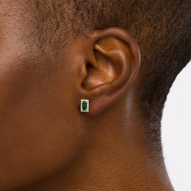 Sideways Baguette Lab-Created Emerald and 1/8 CT. T.W. Diamond Frame Stud Earrings in 10K Gold