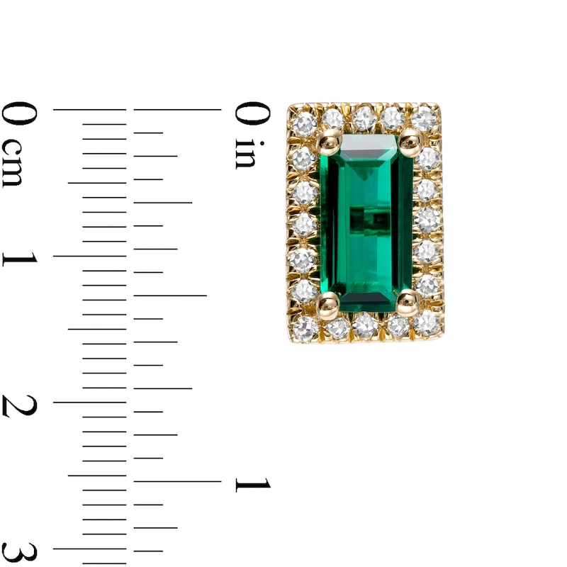 Sideways Baguette Lab-Created Emerald and 1/8 CT. T.W. Diamond Frame Stud Earrings in 10K Gold