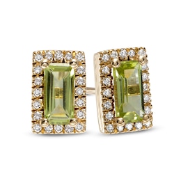 Sideways Baguette Peridot and 1/8 CT. T.W. Diamond Frame Stud Earrings in 10K Gold