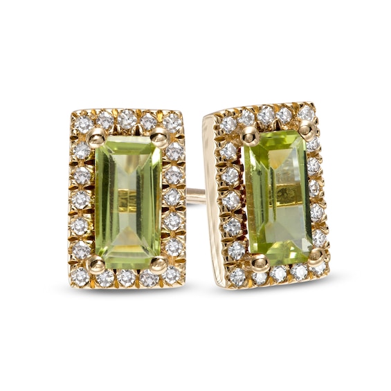 Sideways Baguette Peridot and 1/8 CT. T.w. Diamond Frame Stud Earrings in 10K Gold