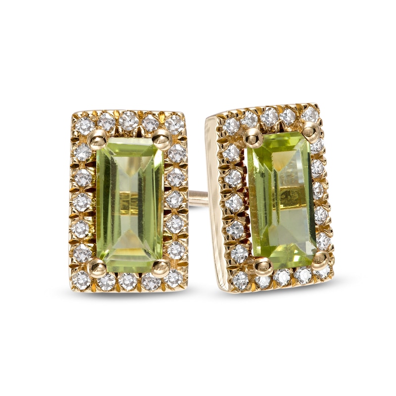 Main Image 1 of Sideways Baguette Peridot and 1/8 CT. T.W. Diamond Frame Stud Earrings in 10K Gold