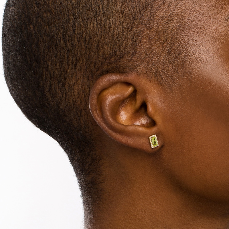 Main Image 2 of Sideways Baguette Peridot and 1/8 CT. T.W. Diamond Frame Stud Earrings in 10K Gold