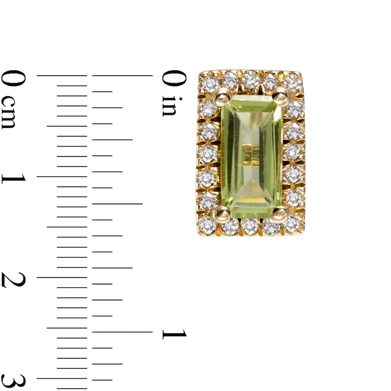 Main Image 3 of Sideways Baguette Peridot and 1/8 CT. T.W. Diamond Frame Stud Earrings in 10K Gold