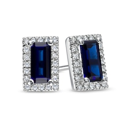 Sideways Baguette Blue Lab-Created Sapphire and 1/8 CT. T.W. Diamond Frame Stud Earrings in 10K White Gold