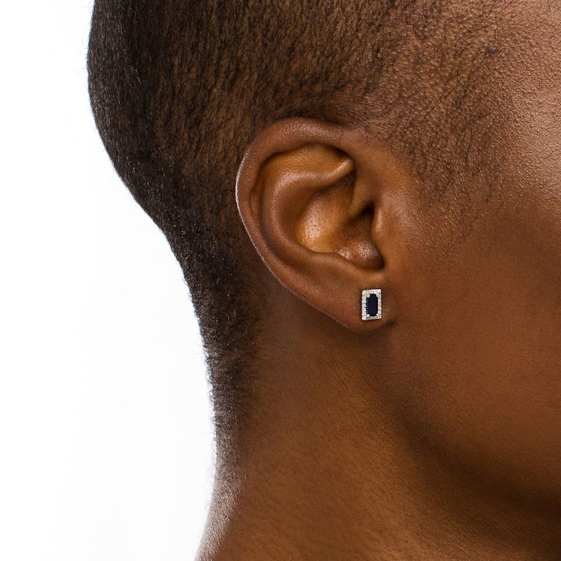 Main Image 2 of Sideways Baguette Blue Lab-Created Sapphire and 1/8 CT. T.W. Diamond Frame Stud Earrings in 10K White Gold