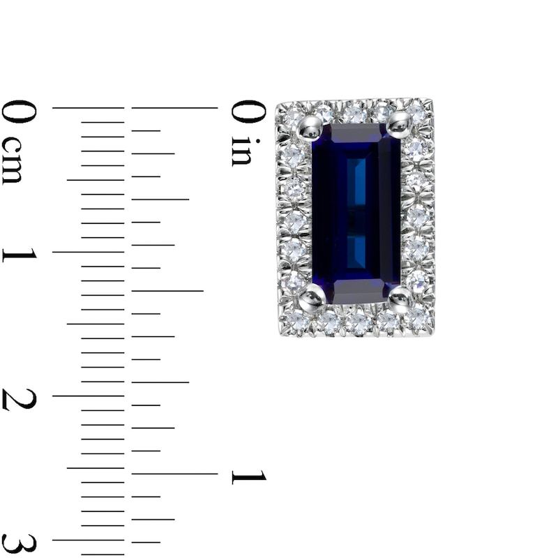 Main Image 3 of Sideways Baguette Blue Lab-Created Sapphire and 1/8 CT. T.W. Diamond Frame Stud Earrings in 10K White Gold