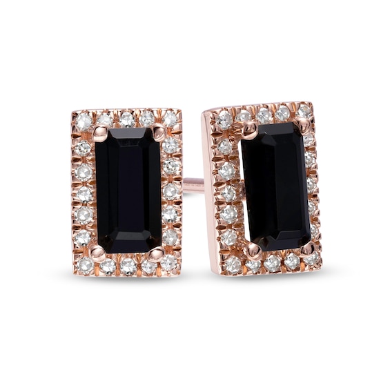 Sideways Baguette Onyx and 1/8 CT. T.w. Diamond Frame Stud Earrings in 10K Rose Gold