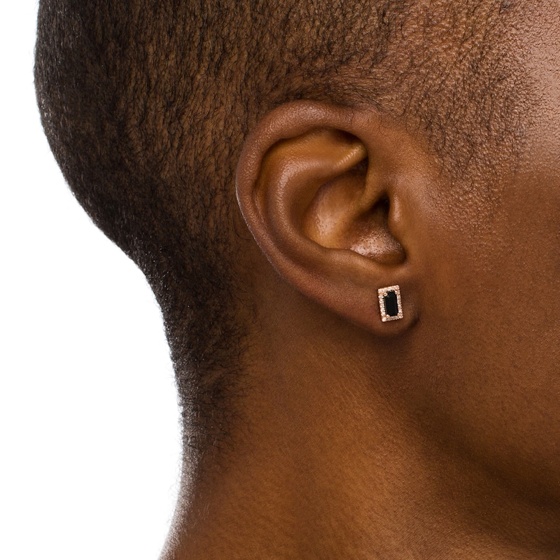 Sideways Baguette Onyx and 1/8 CT. T.W. Diamond Frame Stud Earrings in 10K Rose Gold