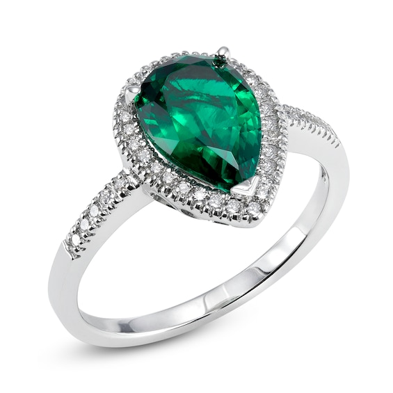 Pear-Shaped Lab-Created Emerald and 1/5 CT. T.w. Diamond Frame Ring in 14K White Gold