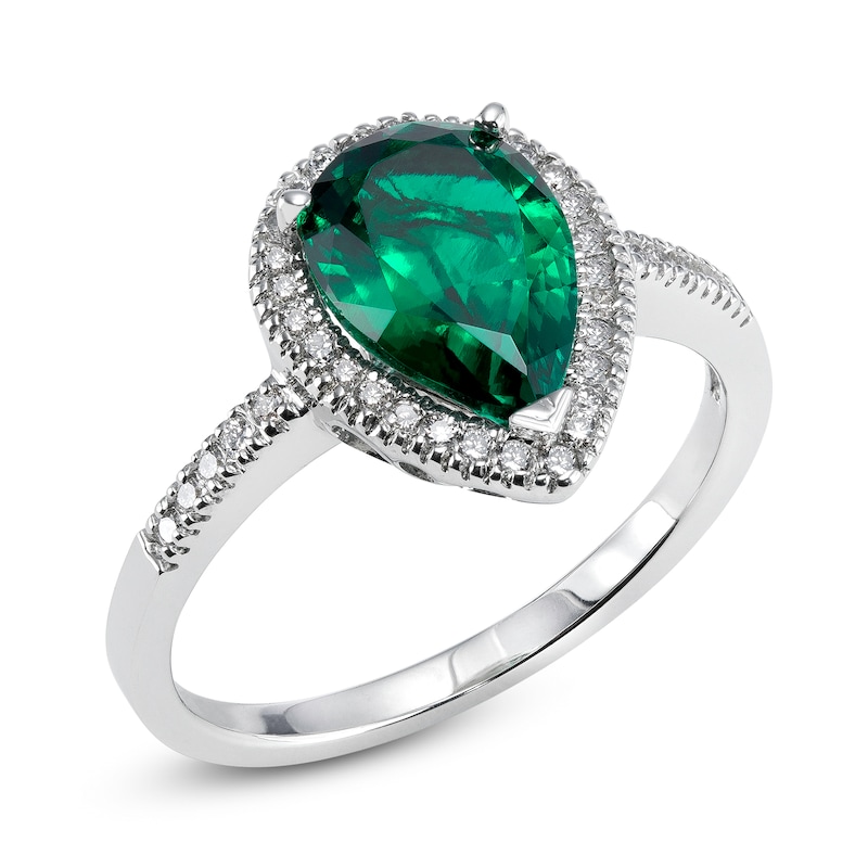 Pear-Shaped Lab-Created Emerald and 1/5 CT. T.W. Diamond Frame Ring in ...