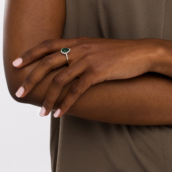Pear-Shaped Lab-Created Emerald and 1/5 CT. T.w. Diamond Frame Ring in 14K White Gold