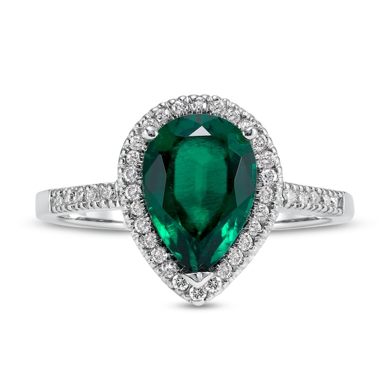 Pear-Shaped Lab-Created Emerald and 1/5 CT. T.w. Diamond Frame Ring in 14K White Gold