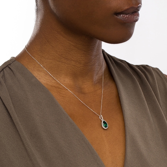 Pear-Shaped Lab-Created Emerald and 1/6 CT. T.w. Diamond Frame Pendant in 14K White Gold