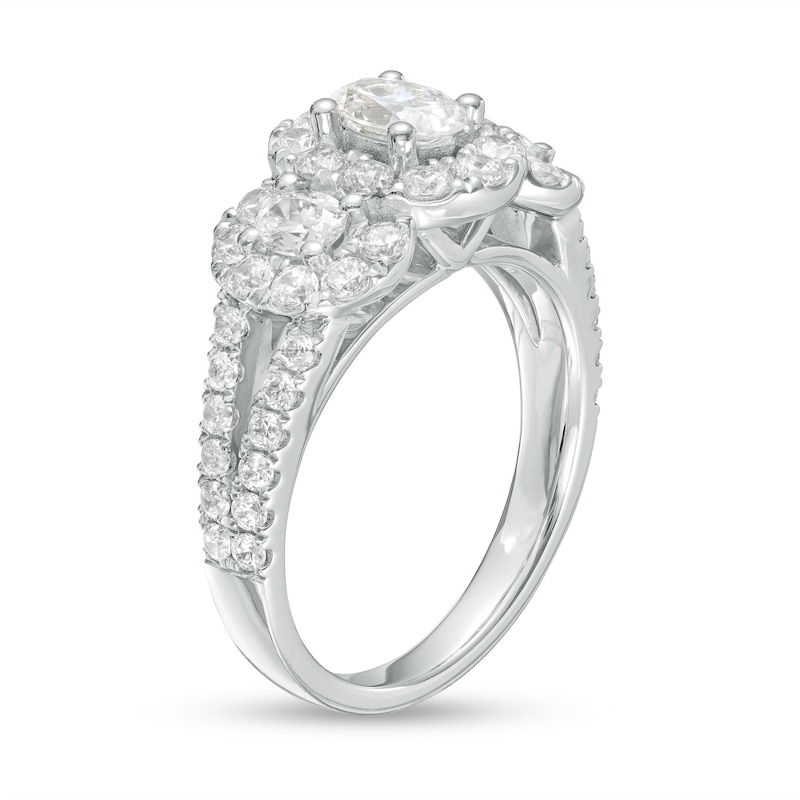 Main Image 3 of 2 CT. T.W. Certified Oval Diamond Frame Past Present Future® Split Shank Engagement Ring in 14K White Gold (I/SI2)