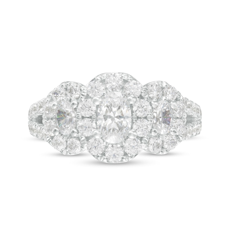 Main Image 4 of 2 CT. T.W. Certified Oval Diamond Frame Past Present Future® Split Shank Engagement Ring in 14K White Gold (I/SI2)