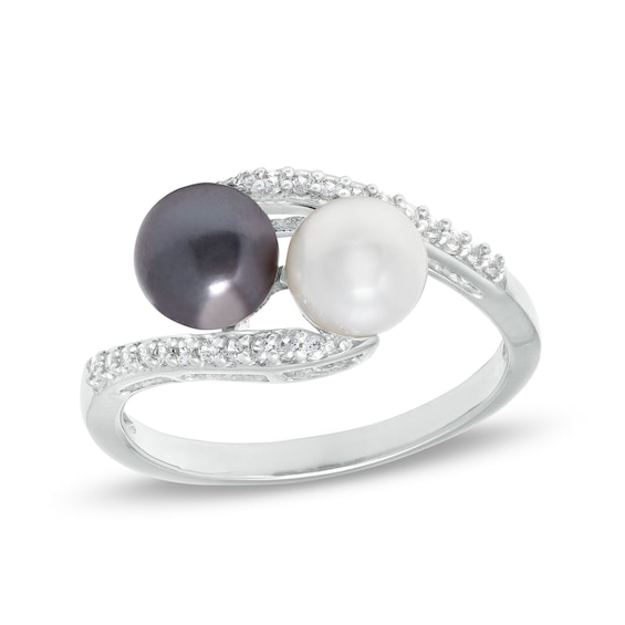 Button Black and White Freshwater Cultured Pearl and White Lab-Created Sapphire Duo Bypass Ring in Sterling Silver