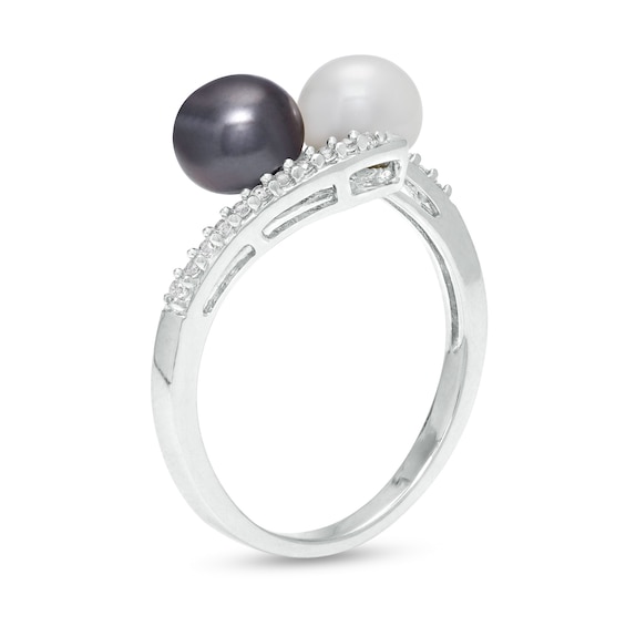 Button Black and White Freshwater Cultured Pearl and White Lab-Created Sapphire Duo Bypass Ring in Sterling Silver