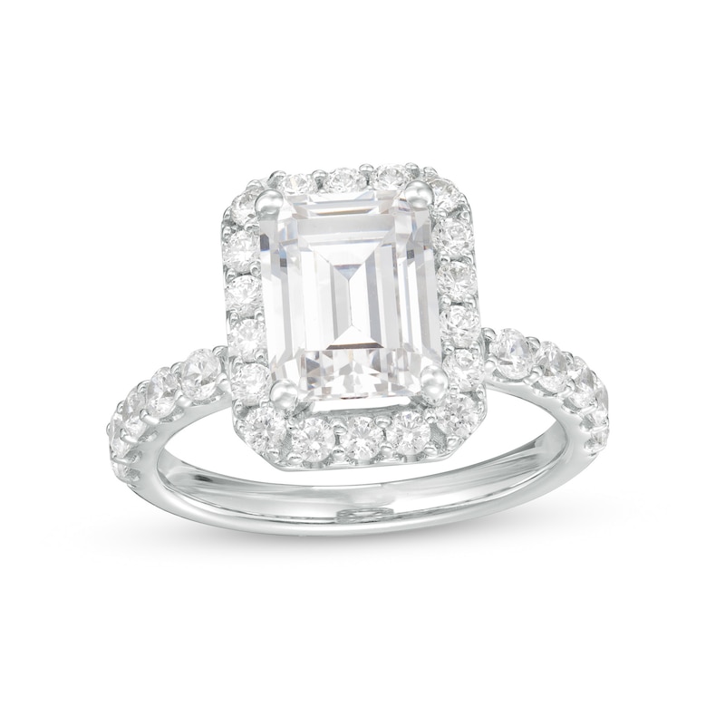 4 CT. T.W. Certified Emerald-Cut Lab-Created Diamond Frame Engagement Ring in 14K White Gold (F/VS2)