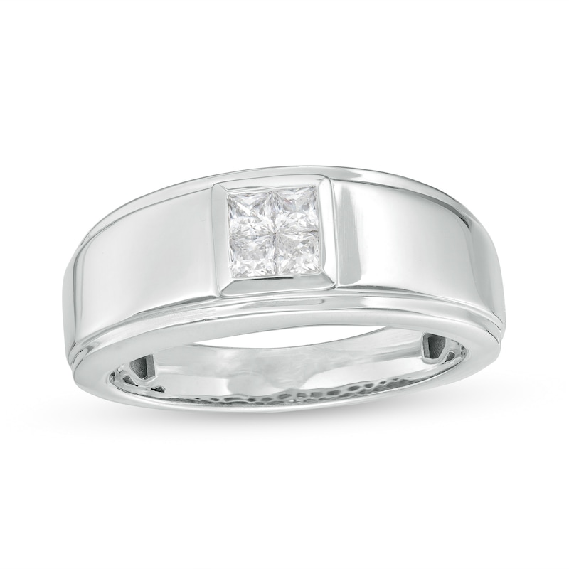 Main Image 1 of 3/8 CT. T.W. Quad Square-Cut Diamond Stepped Edge Wedding Band in 10K White Gold