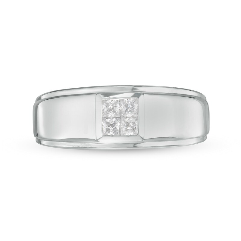Main Image 3 of 3/8 CT. T.W. Quad Square-Cut Diamond Stepped Edge Wedding Band in 10K White Gold