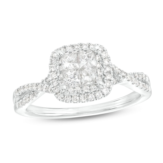 3/4 CT. T.w. Quad Princess-Cut Diamond Cushion Frame Twist Shank Engagement Ring in 14K White Gold