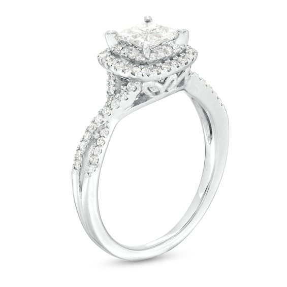 3/4 CT. T.w. Quad Princess-Cut Diamond Cushion Frame Twist Shank Engagement Ring in 14K White Gold