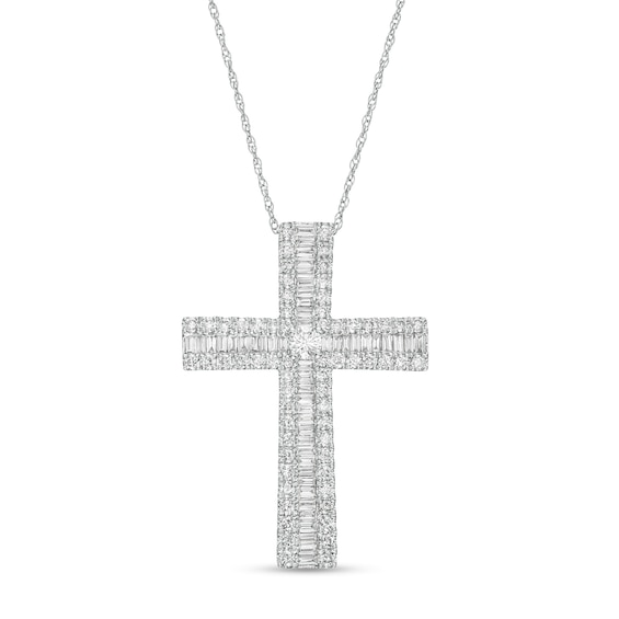1 CT. T.w. Baguette and Round Diamond Triple Row Cross Pendant in 10K White Gold