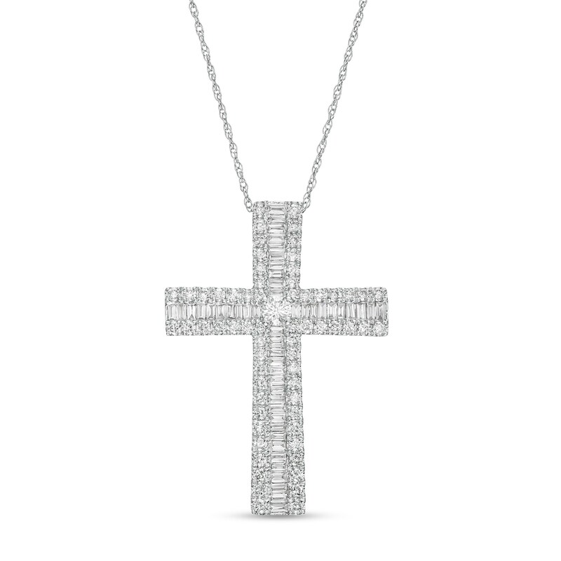 Main Image 1 of 1 CT. T.W. Baguette and Round Diamond Triple Row Cross Pendant in 10K White Gold