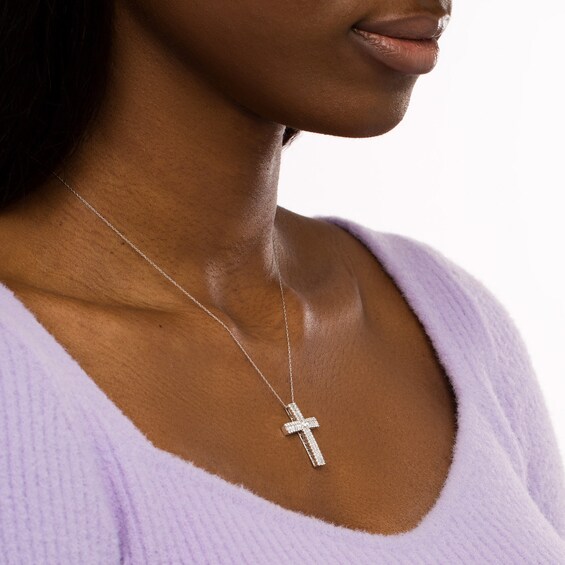 1 CT. T.w. Baguette and Round Diamond Triple Row Cross Pendant in 10K White Gold