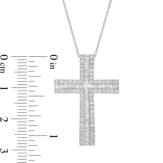 1 CT. T.w. Baguette and Round Diamond Triple Row Cross Pendant in 10K White Gold
