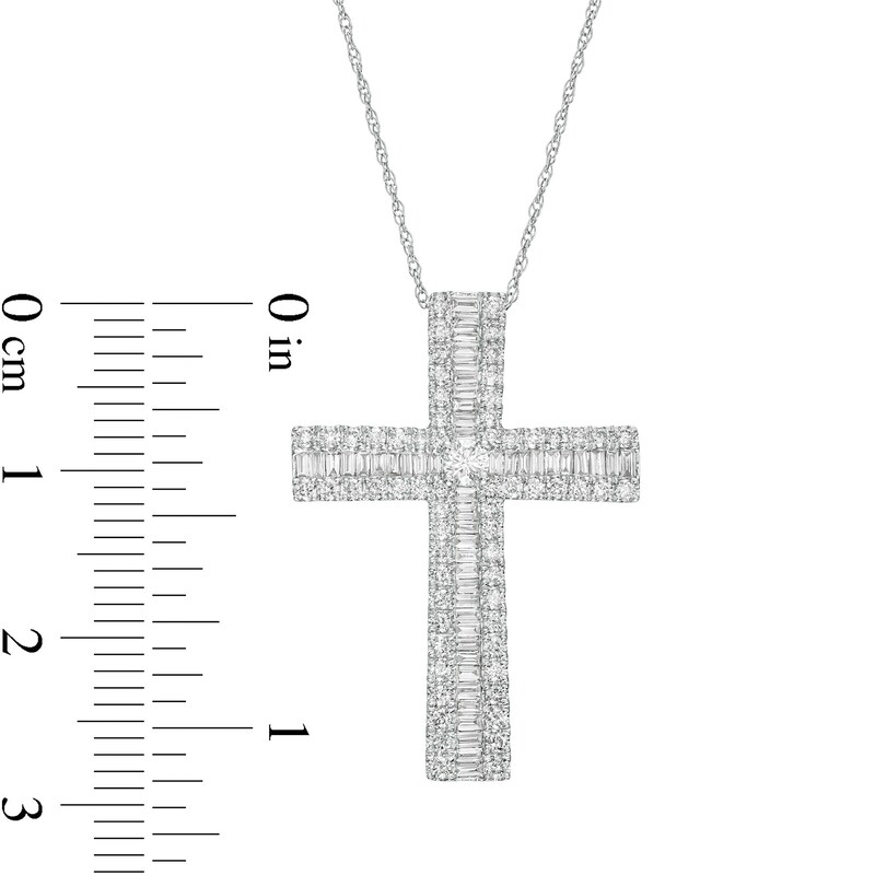 Main Image 3 of 1 CT. T.W. Baguette and Round Diamond Triple Row Cross Pendant in 10K White Gold