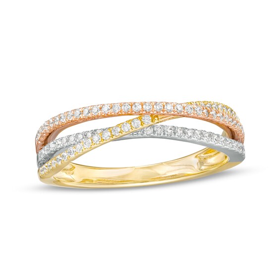 1/4 CT. T.w. Diamond Triple Row Crossover Split Shank Ring in 10K Tri-Tone Gold