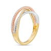 Thumbnail Image 3 of 1/4 CT. T.W. Diamond Triple Row Crossover Split Shank Ring in 10K Tri-Tone Gold