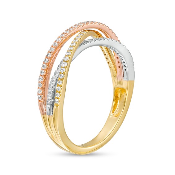 1/4 CT. T.w. Diamond Triple Row Crossover Split Shank Ring in 10K Tri-Tone Gold