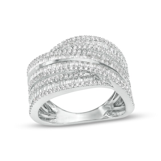 1 CT. T.w. Baguette and Round Diamond Multi-Row Crossover Ring in 10K White Gold